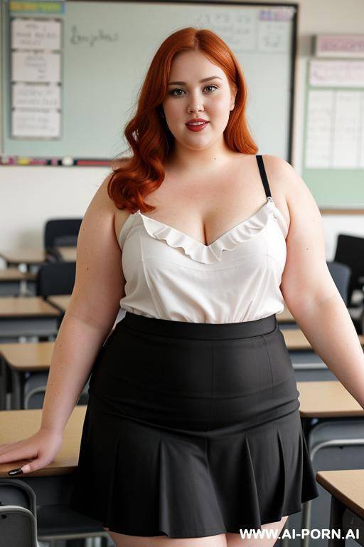 full body photo shot, about at classroom, chubby fat bbw curvy teacher, wearing a sexy and hot micro red ruffle skirt and elegant micro summer top, speaking to the classroom. - #main