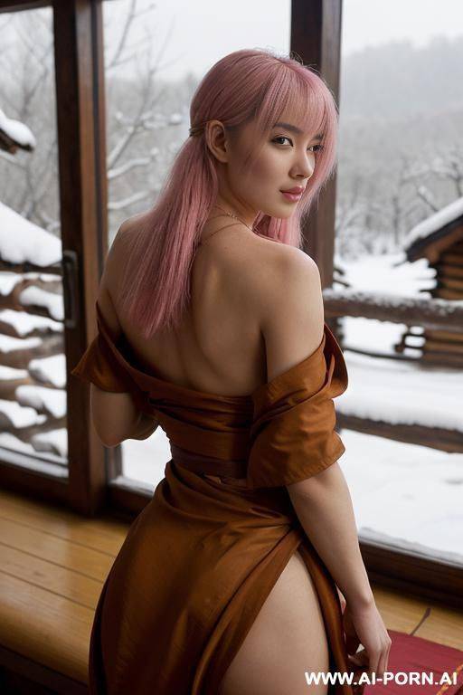 keep face, keep body, keep hair, looking at camera, (topless santa outfit), (teardrop breasts), (soft seductive smile), (wide hips), (silk panties), (necklace), (ftv), (cozy fire), (log cabin in the woods), (snow out the window) - #main