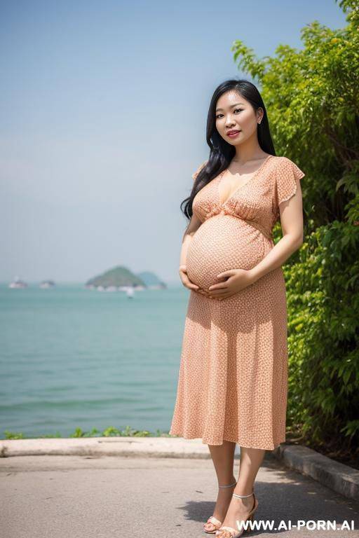 vietnamese woman, wearing a sundress, (detailed face), pregnant, posing outside - #main