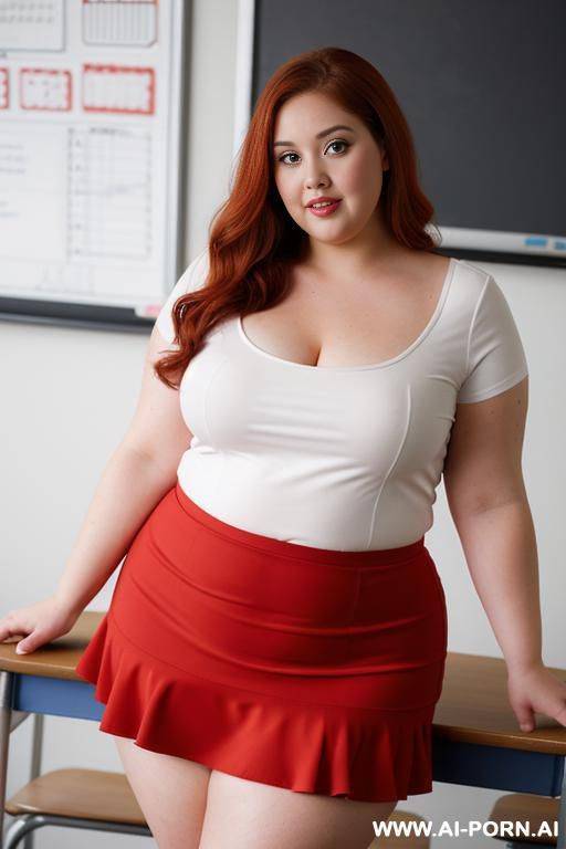 full body photo shot, about at classroom, so chubby and so fat bbw curvy teacher, wearing a sexy and hot micro red ruffle microskirt and elegant micro summer top, speaking to the classroom. - #main