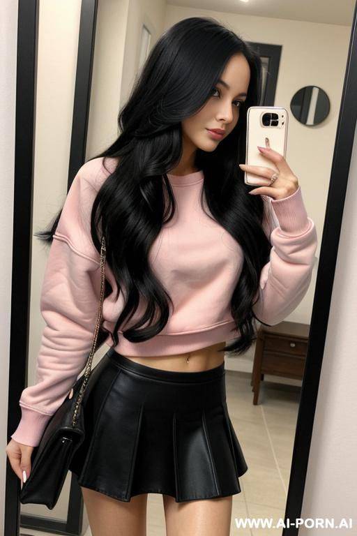 woman long hair pink sweatshirt skirt selfie photo in the mirror - #main