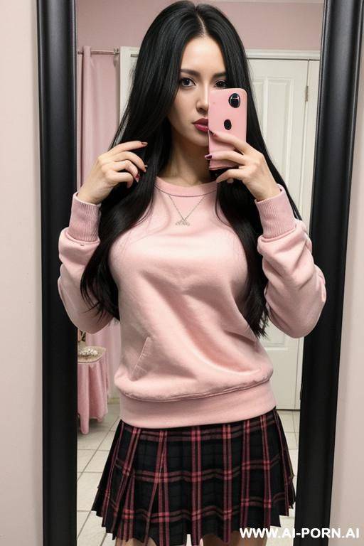 woman long hair pink sweatshirt plaid skirt selfie photo in the mirror - #main