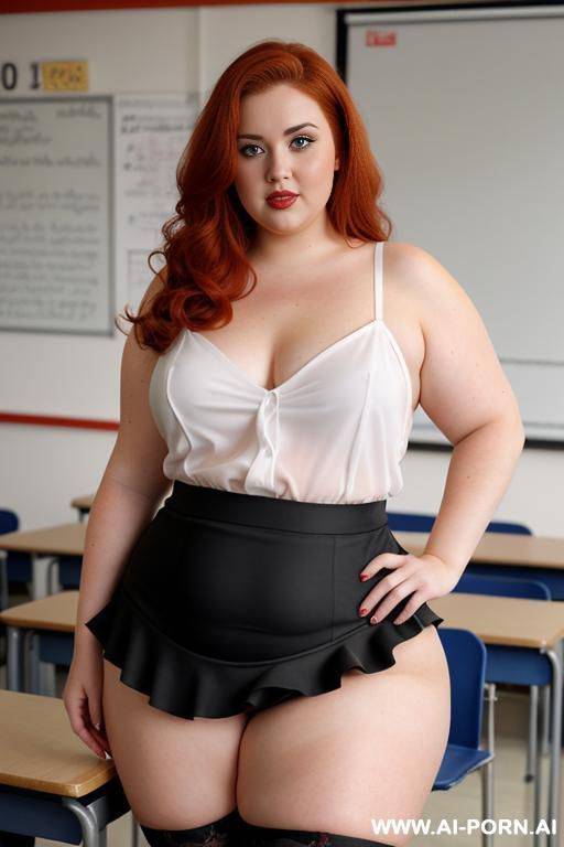 full body photo shot, about at classroom, so chubby and so fat bbw curvy teacher, wearing a sexy and hot micro red ruffle microskirt and elegant micro garter belt top, speaking to the classroom. - #main