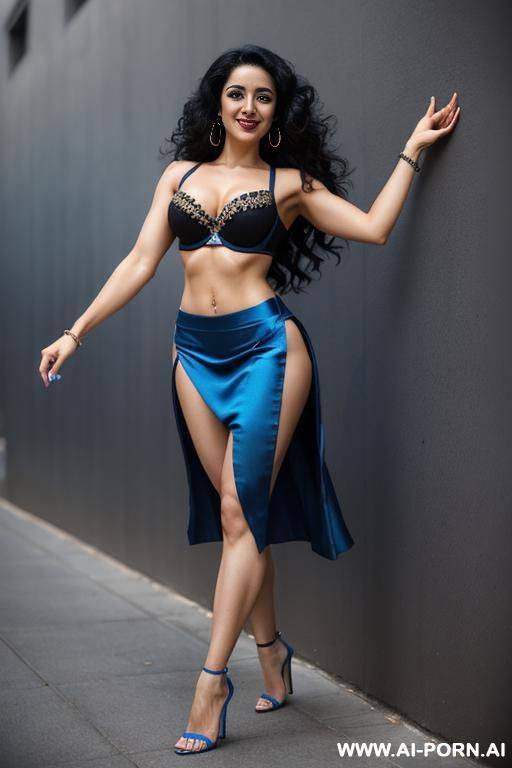 iranian , black hair, long curly hair, abs, fit, one arm raised, navel piercing, blue bra, blue skirt, tall, looking at camera, full body, stiletto - #main