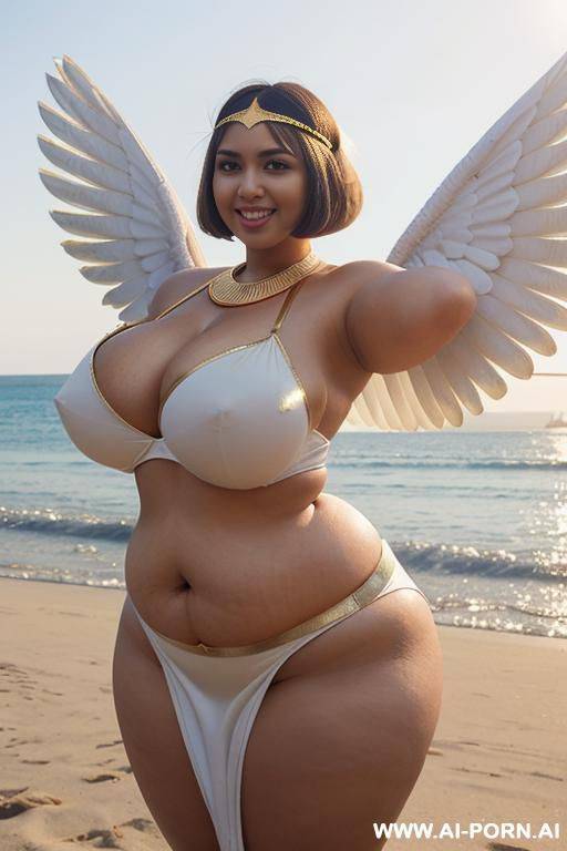 egyptian queen wearing white dress, (golden wings on her back), (bobcut hairstyle), (((massive huge breasts))), full body view, photorealistic, ((chubby woman)), ((wide hips)), ((huge butt)), beach, smiling, (hairband), (showing armpit) - #main