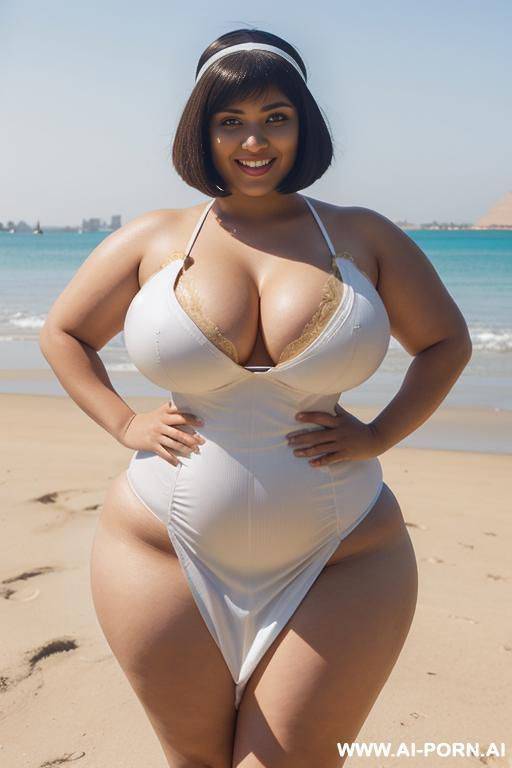 egyptian queen wearing white dress, (bobcut hairstyle), (((massive huge breasts))), full body view, photorealistic, ((chubby woman)), ((wide hips)), ((huge butt)), beach, smiling, (hairband), (hands on hips) - #main