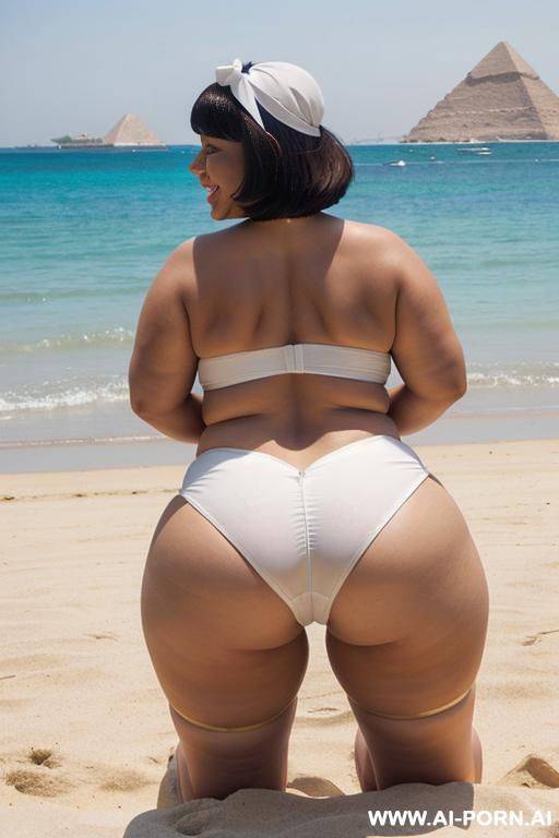 egyptian queen wearing white dress, (bobcut hairstyle), (((massive huge breasts))), full body view, photorealistic, ((chubby woman)), ((wide hips)), ((huge butt)), beach, smiling, (hairband), (on all fours), ((view from behind)) - #main