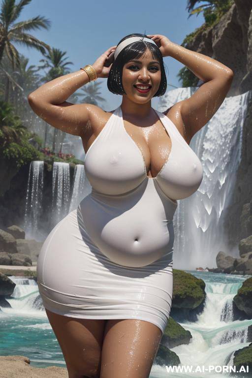 egyptian queen wearing white dress, (bobcut hairstyle), (((massive huge breasts))), full body view, photorealistic, ((chubby woman)), ((wide hips)), ((huge butt)), beach, smiling, (hairband), (standing in waterfall), ((wet)), ((showing armpits)) - #main