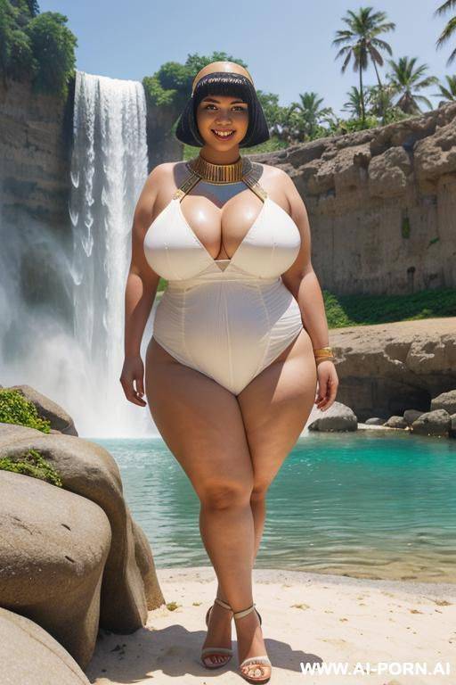 egyptian queen wearing white dress, (bobcut hairstyle), (((massive huge breasts))), full body view, photorealistic, ((fat chubby woman)), ((wide hips)), ((huge butt)), beach, smiling, (hairband), (standing in waterfall) - #main