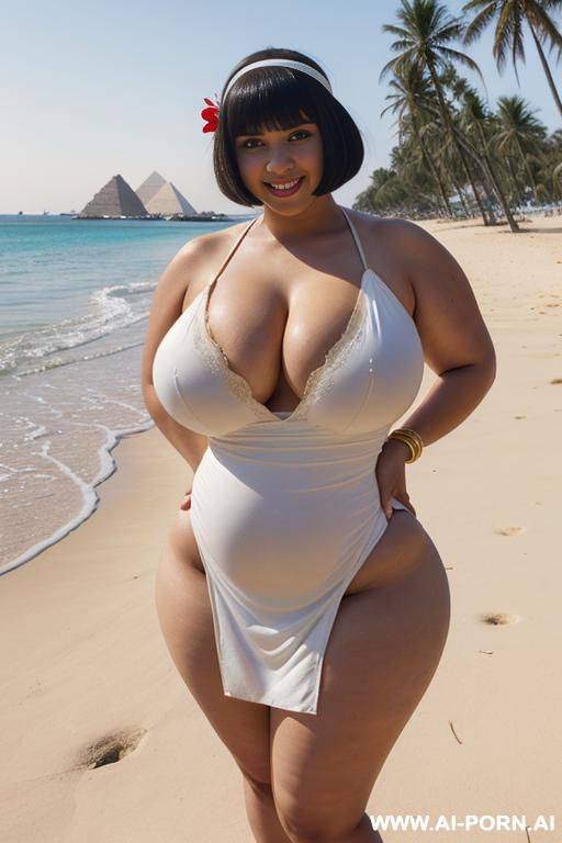 egyptian queen wearing white dress, (bobcut hairstyle), (((massive huge breasts))), full body view, photorealistic, ((chubby woman)), ((wide hips)), ((huge butt)), beach, smiling, (hairband), (((spreading legs))) - #main