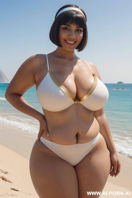 egyptian queen wearing white dress, (bobcut hairstyle), (((massive huge breasts))), full body view, photorealistic, ((chubby woman)), ((wide hips)), ((huge butt)), beach, smiling, (hairband), (hands on breasts) - #main