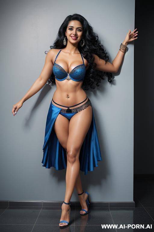 indian, black hair, long curly hair, abs, fit, one arm raised, navel piercing, blue bra, blue skirt, tall, looking at camera, full body, stiletto - #main