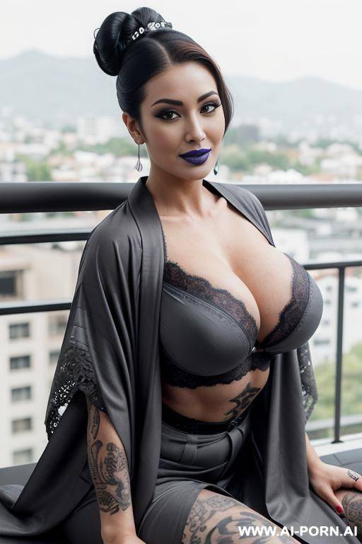 female geisha ((high muscle tone)) large perfect natural breasts, ((blue lipstick)), alluring facial expression, hourglass figure (( open lace kimono )) perfect body)) - #main