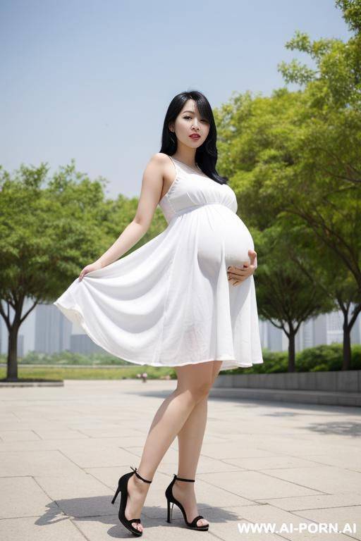 korean woman, pregnant, black hair, skin, wearing a white sundress, wearing open high heels, posing on a park - #main