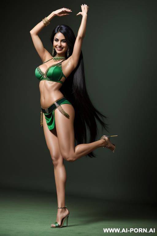 indians, black hair, long straight hair, abs, fit, one arm raised, navel piercing, green bra, green skirt, tall, looking at camera, full body, stiletto - #main