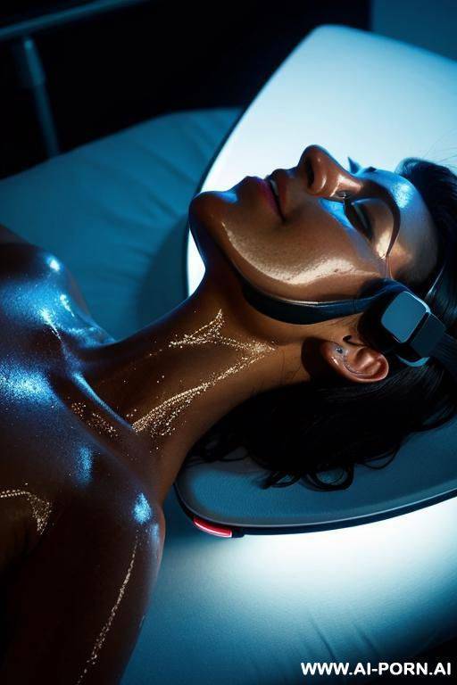 interior, lying down on her back on a medical bed, vr headset, dark, wet, dramatic lighting, overhead blue light - #main