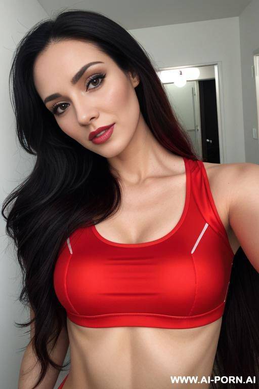 woman long hair red sport top selfie - #main