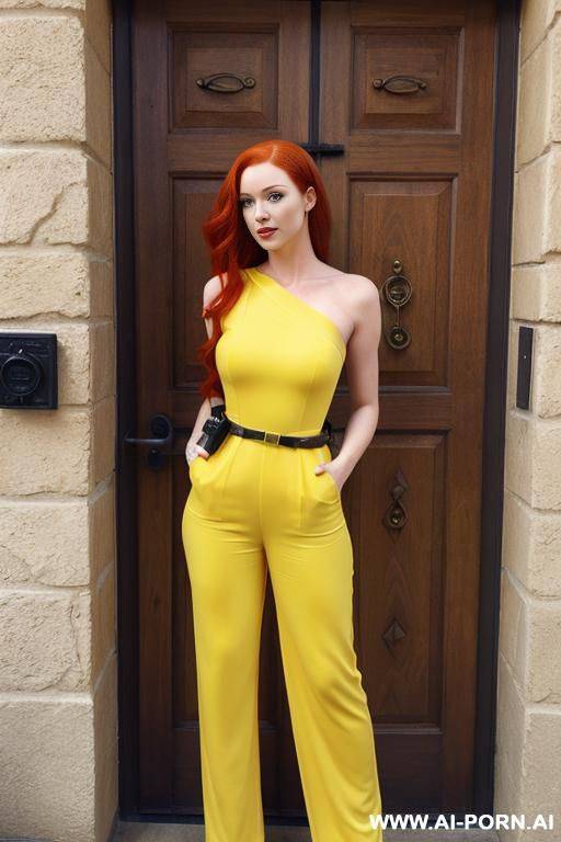 (shoulder-length red hair), (yellow jumpsuit with a utility belt), (green eyes) - #main