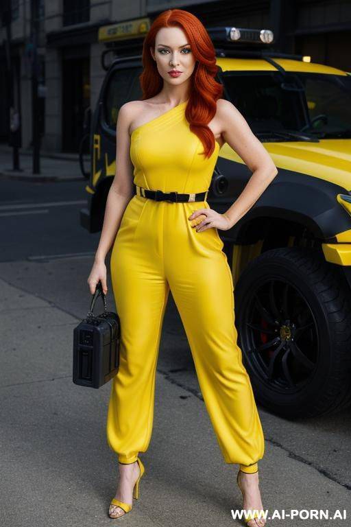 (shoulder-length red hair), (yellow jumpsuit with a utility belt), (green eyes), (reporter of the tv show the ninja turtles) - #main