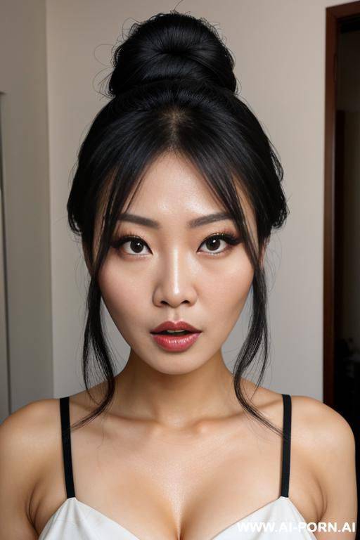 beautiful heavy makeup asian lady, bun hair, front view, face scared, breast view - #main