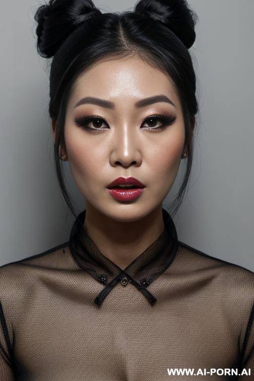 beautiful heavy makeup asian lady, bun hair, headshot, front view, face scared - #main