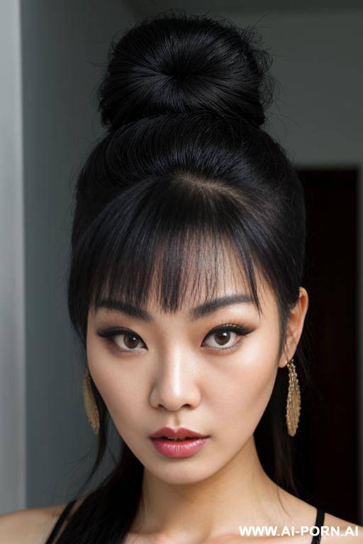 beautiful heavy makeup asian lady, bun hair, headshot, face scared - #main