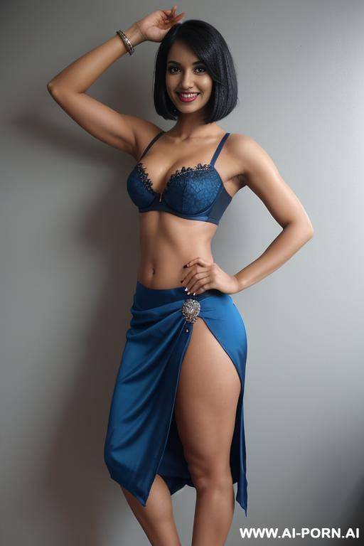 indians, black hair, bobcut, fit, abs, navel piercing, one arm raised, blue bra, blue skirt, tall, looking at camera, full body, back view, stiletto - #main