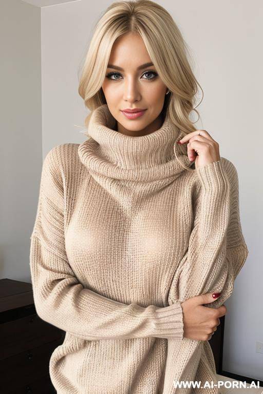 blonde sexy woman in huge turtleneck sweater, with bound hands - #main