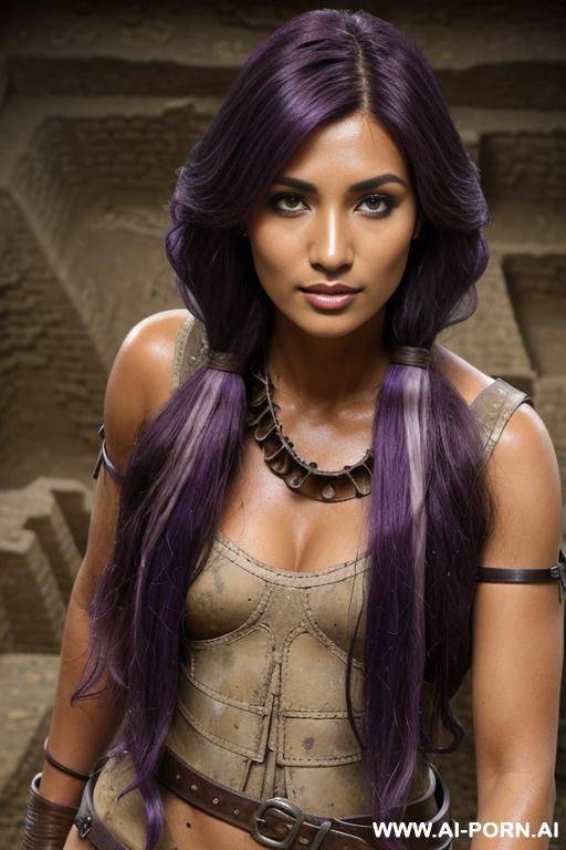 (mature depiction) closeup, tanned skin colour, flowing hairdo, purple hair with black highlights, wild slut, - #main