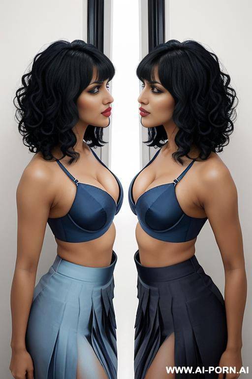 two indians, black hair, short curly hair, bangs, fit, abs, navel piercing, blue bra, blue pleated skirt, tall, full body, stiletto, side view, kissing, view from far - #main