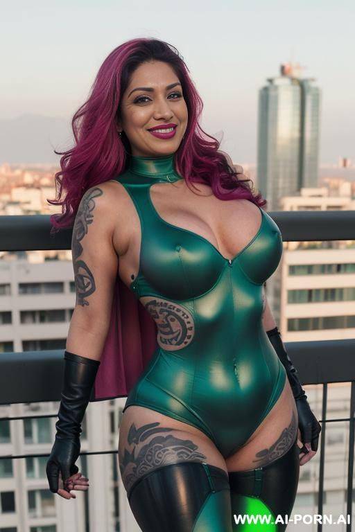 (a super sexy super hero with big boobs bent over showing her ass on top of a building in full body view), ((green & pink super hero suit)), (((very soft face and curvy hips))), k - #main