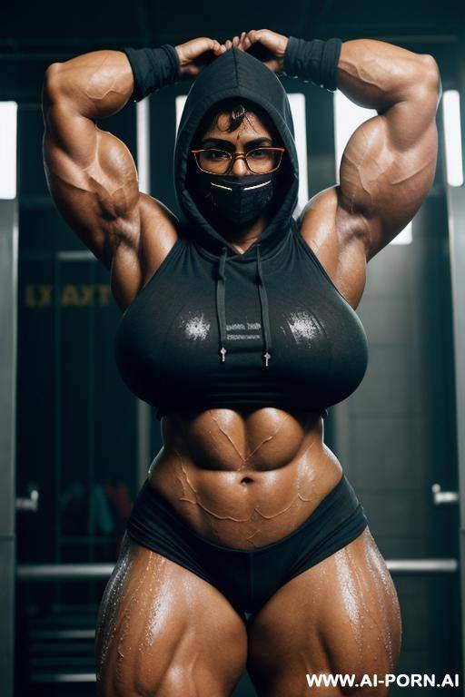 massive ripped muscular indian giantess with colossal boobs soaked in sweat wearing tight hoodie and covering face with mask and glasses, colossus body, massive tall, ripped muscles, veiny body, giant muscles, large boobs, ripped boobs, short hair - #main