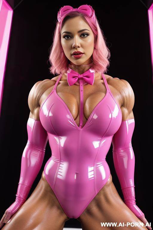 more muscular, female bodybuilder, pink latex bodysuit, pink bowtie, - #main