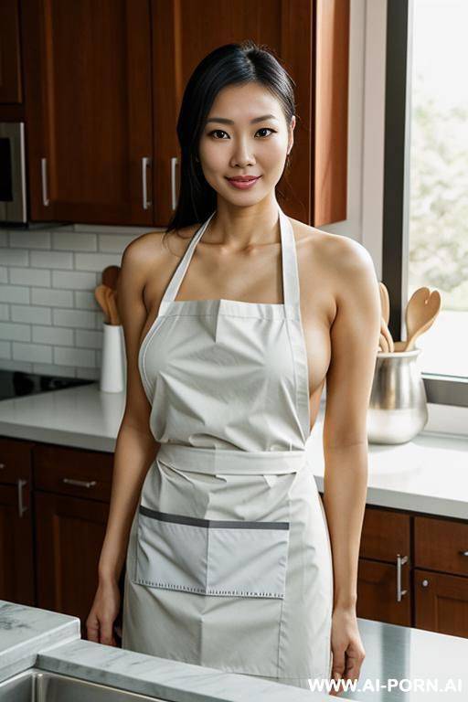 asian woman, naked, wearing an apron, in a kitchen, ((detailed face)) - #main