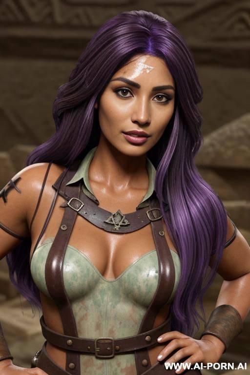 (mature depiction) closeup, tanned skin colour, flowing hairdo, purple hair with black highlights, wild succubus, - #main