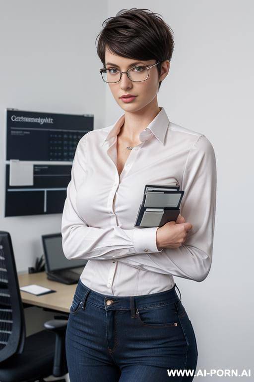 short hair, pixiecut, german, nerdy short, slender, fit, jeans, shirt, office - #main