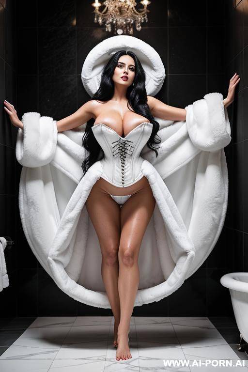 gorgeous woman with long black hair wearing very white corset, satin gloves, luxurious rich fluffy fur cape, laying in a bubble bath, a seductive expression on her face - #main