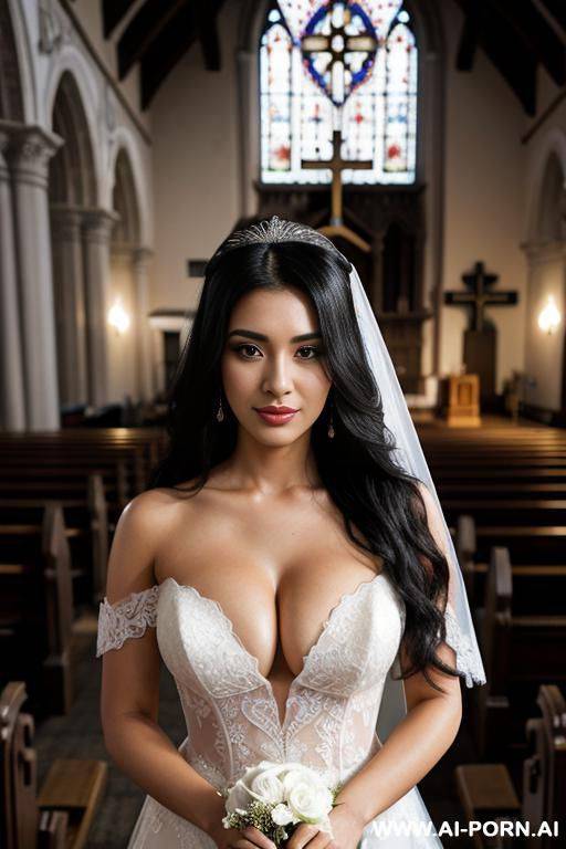 20 yeard old latina. long black hair, big tis, wearing a wedding dress with cleavage in a church - #main