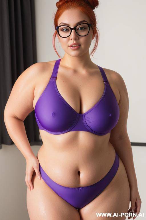 bbw woman, 20 years old, so chubby, so chubby with lovehandless, bright red hair bun, wearing round eye glasses, wet from sweat, breasts super heavy, saggy boobs, wearing tight single piece - #main