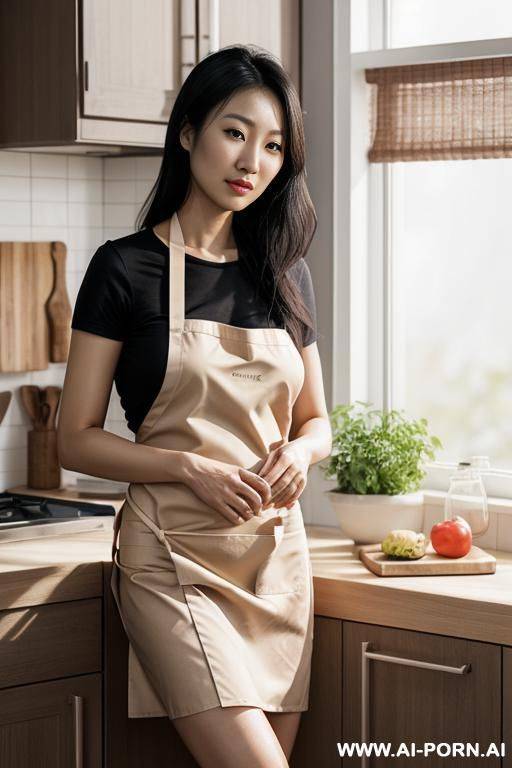 asian woman, ((detailed face)), (no make up), naked, wearing an apron, in a kitchen, , (photorealistic) - #main