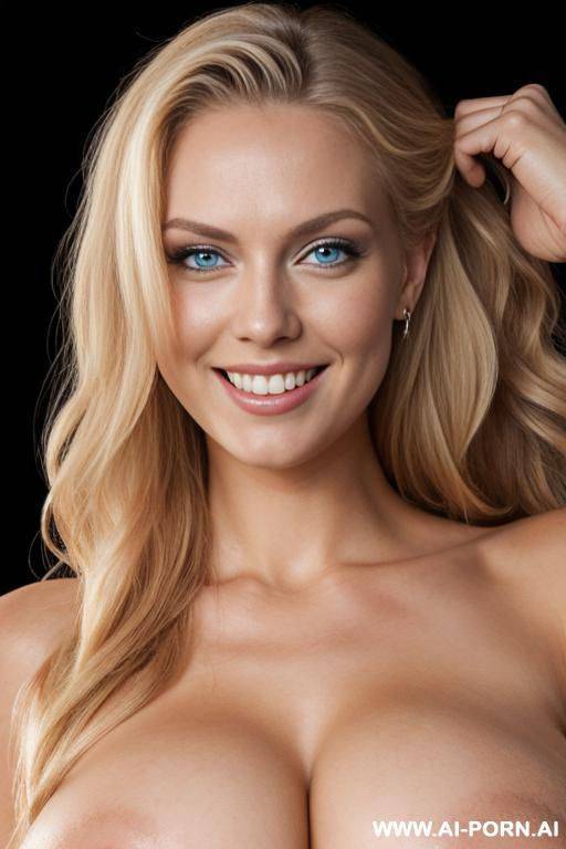 sexy finnish, (((naked))), woman (((enormous boobs))), miss universe model, blue eyes, triangular face, excited smile, mouth opened, pointed chin, blonde hair wavy, black background - #main