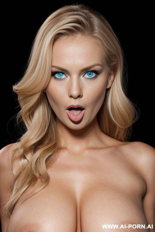 sexy finnish, (((naked))), woman (((enormous boobs))), miss universe model, blue eyes, triangular face, surprised, mouth opened, pointed chin, blonde hair wavy, black background - #main