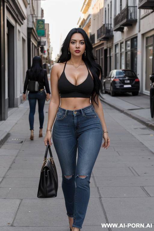 latina woman. long black hair, big tis, wearing a crop topwith cleavage, and jeans, in the street - #main