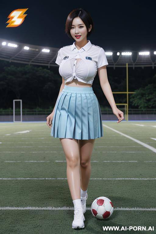 thailand, chinese woman ((big boobs)) short bob hair running playing football white shirt (((blue pleated skirt))) showing ass ((ass flash)) showing ass outdoors football field - #main