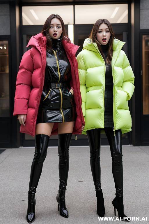 two women masturbating wearing gigantic oversized puffer jackets, open legs - #main