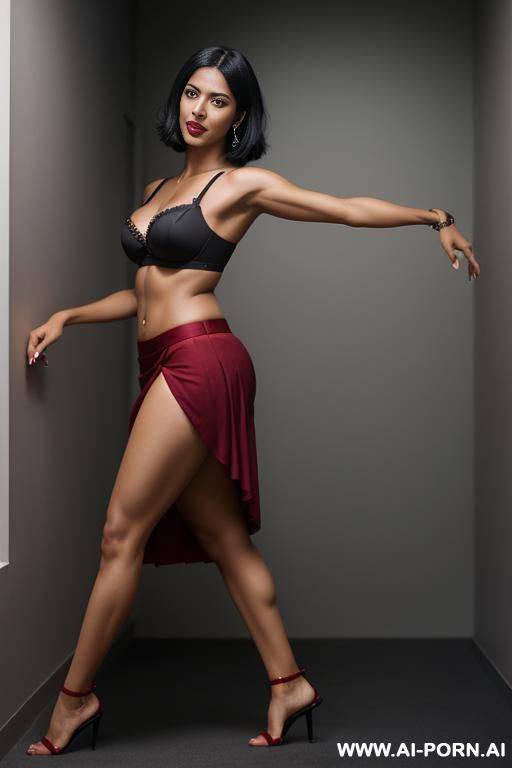 indians, black hair, short straight hair, abs, fit, navel piercing, big ass, dark red bra, dark red skirt, looking at camera, tall, full body, view from distance, eyes closed, open mouth - #main