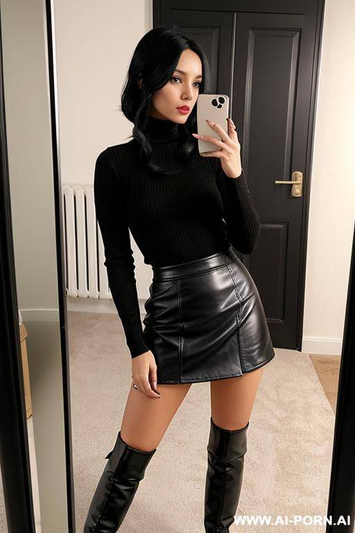 woman tight black turtleneck short leather brown skirt shoes high boots selfie photo in the mirror - #main