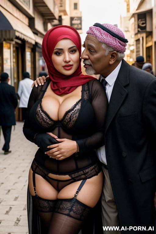 curvy arabic busty wearing hijab and lingerie hugged from black grandpa in crowded street - #main