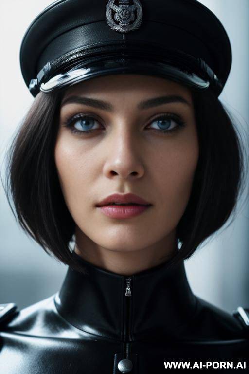 high quality, highly detailed, photorealistic, 8k, cyberpunk, black open military uniform, black militarty cap, epaulettes, a dramatic, high-contrast photograph of an 18-year-old woman, super , sharp - #main