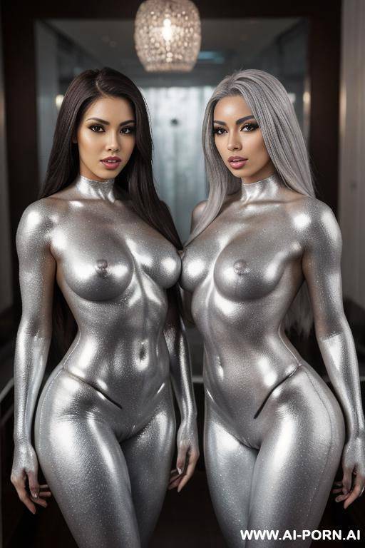 photo of multiple gorgeous brazilian bimbos completely covered in silver bodypaint - #main